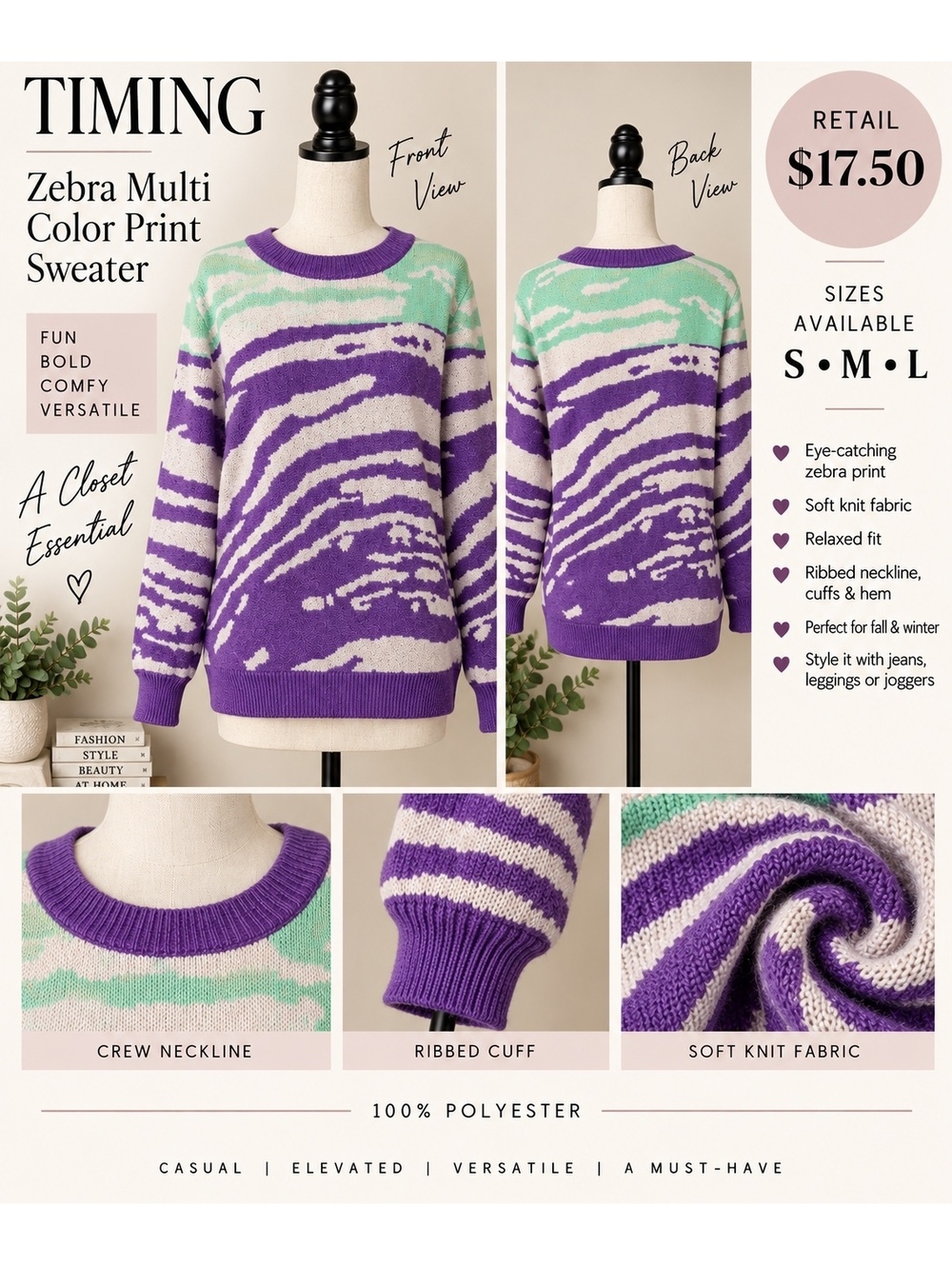 Timing Zebra Multi Color Print Sweater in Purple and Mint -